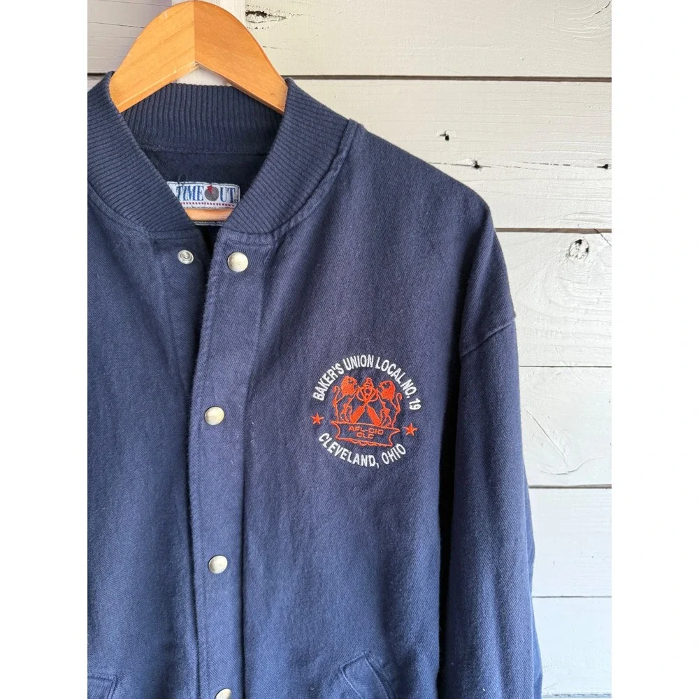 Vintage Time Out Bakers Union Local 19 Cleveland Bomber Jacket Mens XL Navy USA